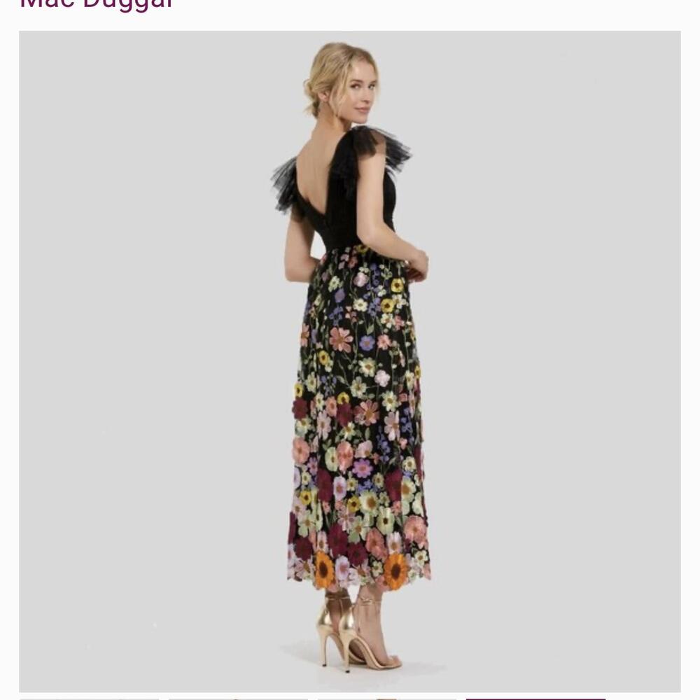 Mac Duggal Black Floral Embroidered Tulle Midi Dress Wedding Guest Prom Size 2